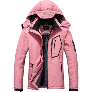 Women's Pink Waterproof Winter Warm Hooded Raincoat Fabric Ski Snow Jacket Coat